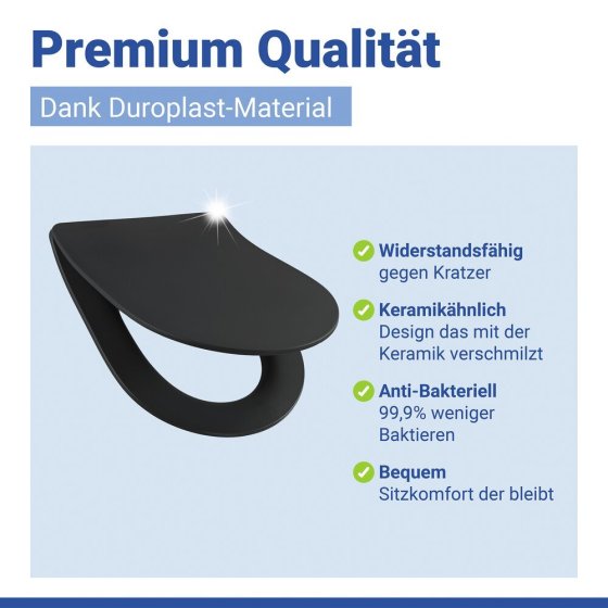 WC Sitz Mod. Sedilo Schwarz matt, Toilettendeckel in D-Form mit Absenkautomatik 