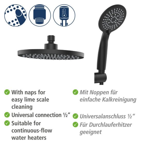 Duschsystem Mod. Young Eco mit Thermostat-Armatur Schwarz, inkl. 2 Watersaving Regulatoren 