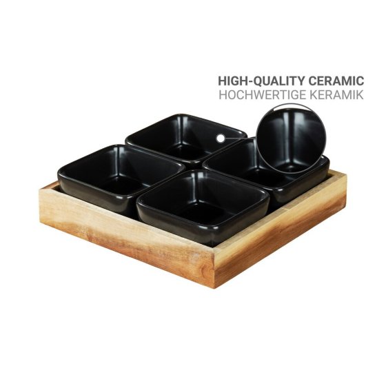 Dip-Schalen mit Tablett Mod. Elo, 5-tlg. , Tablett aus FSC® zertifiziertem Akazienholz mit Umrandung 
